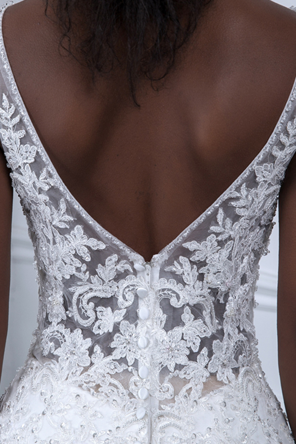 V-neck White Court Train Wedding Dresses