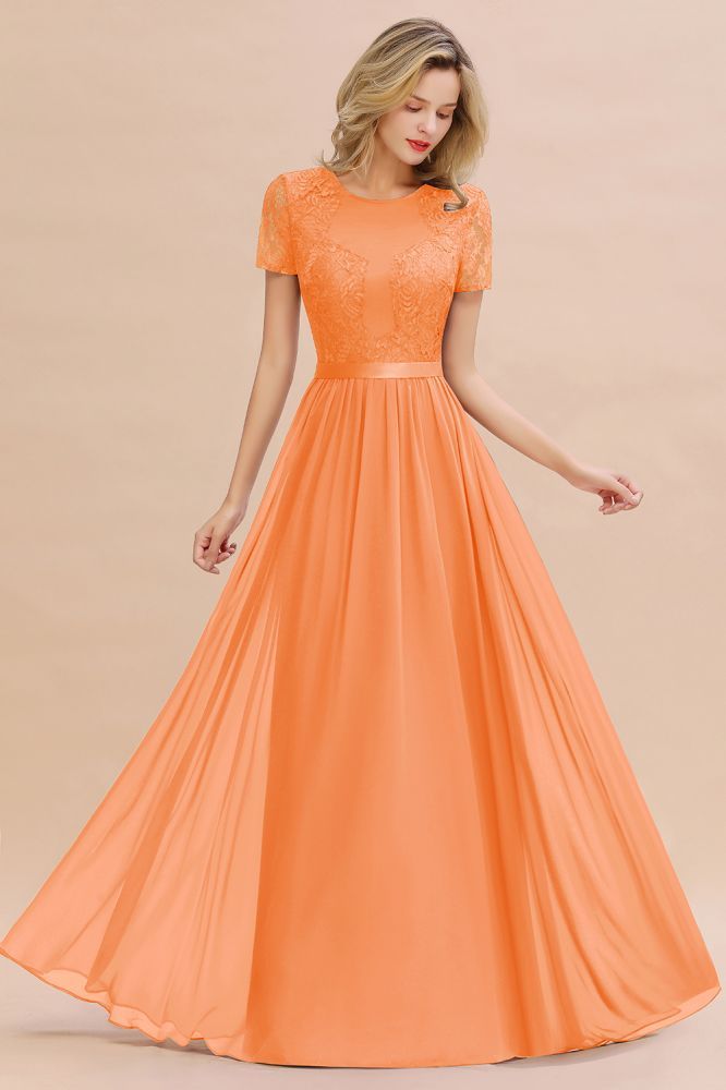 Retro Chiffon Lace Scoop Short-Sleeves Online Bridesmaid Dress