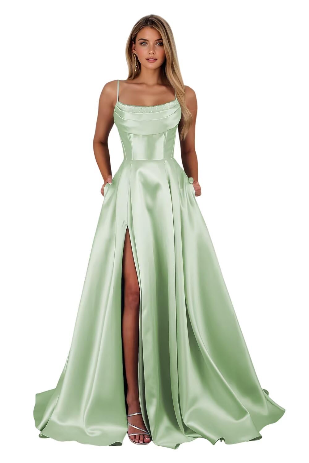 Spaghetti Straps Ruched Satin Prom Dresses Sleeveless Maxi Formal Evening Gown with Slit