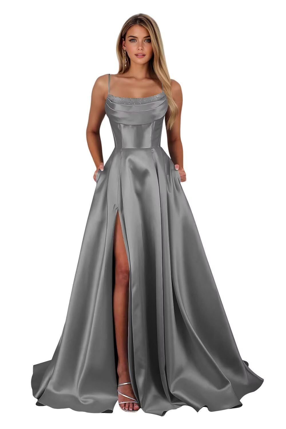 Spaghetti Straps Ruched Satin Prom Dresses Sleeveless Maxi Formal Evening Gown with Slit