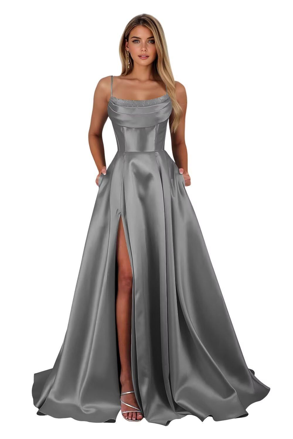 Spaghetti Straps Ruched Satin Prom Dresses Sleeveless Maxi Formal Evening Gown with Slit