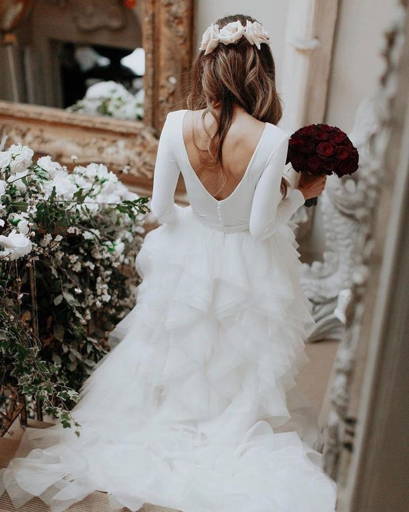Long sleeves low back white ruffles wedding dress with court train