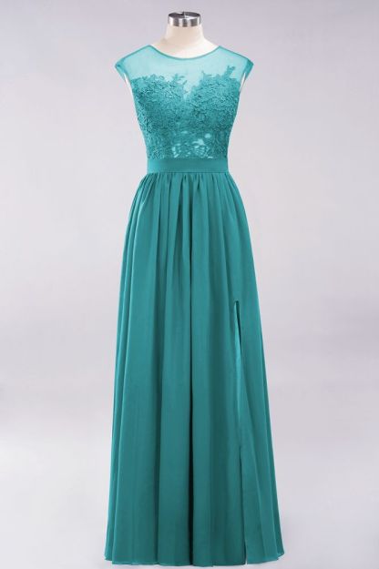 A-line Chiffon Lace Jewel Sleeveless Floor-Length Bridesmaid Dresses with Appliques