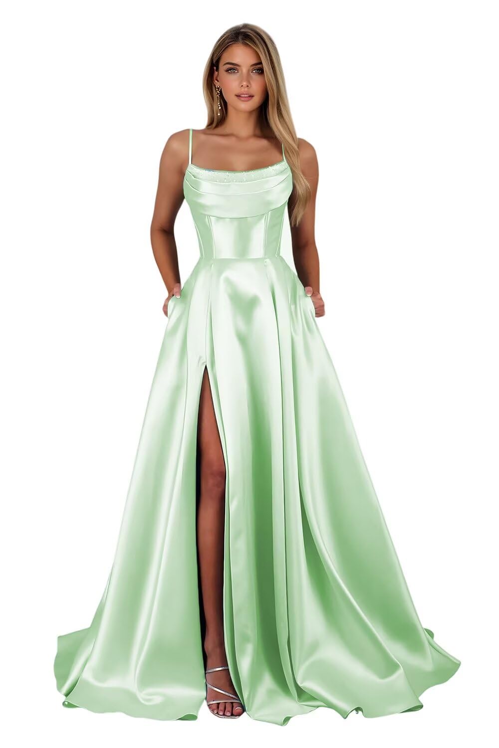 Spaghetti Straps Ruched Satin Prom Dresses Sleeveless Maxi Formal Evening Gown with Slit