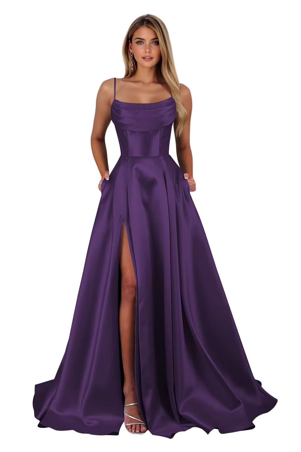 Spaghetti Straps Ruched Satin Prom Dresses Sleeveless Maxi Formal Evening Gown with Slit
