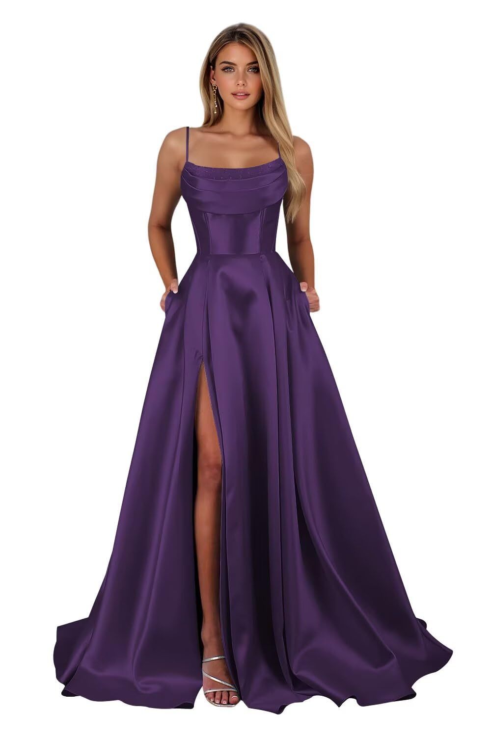 Spaghetti Straps Ruched Satin Prom Dresses Sleeveless Maxi Formal Evening Gown with Slit