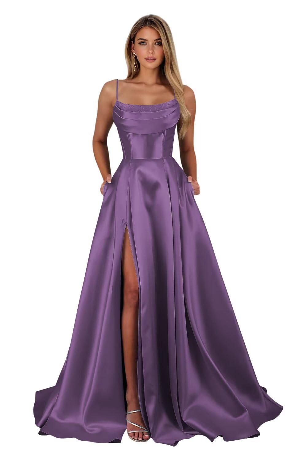 Spaghetti Straps Ruched Satin Prom Dresses Sleeveless Maxi Formal Evening Gown with Slit