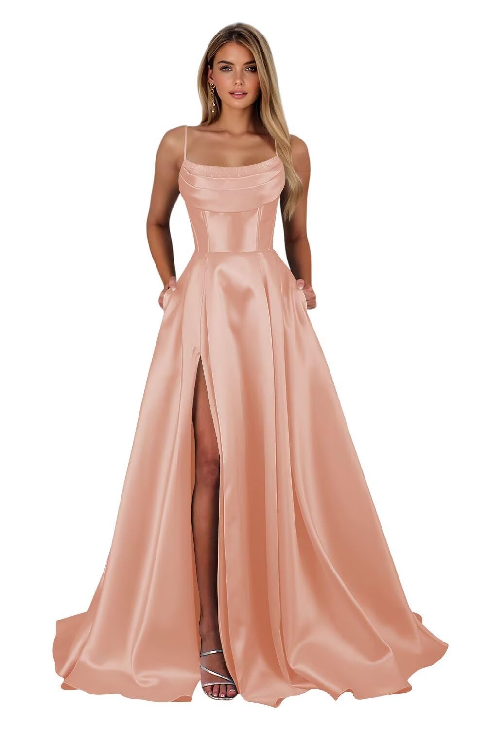 Spaghetti Straps Ruched Satin Prom Dresses Sleeveless Maxi Formal Evening Gown with Slit