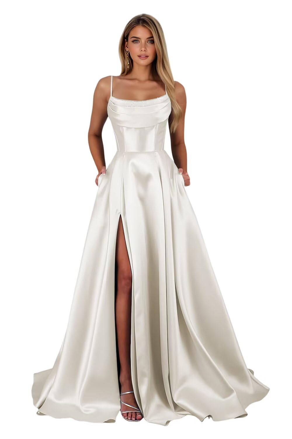 Spaghetti Straps Ruched Satin Prom Dresses Sleeveless Maxi Formal Evening Gown with Slit