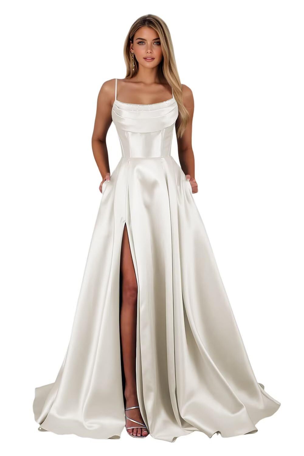 Spaghetti Straps Ruched Satin Prom Dresses Sleeveless Maxi Formal Evening Gown with Slit