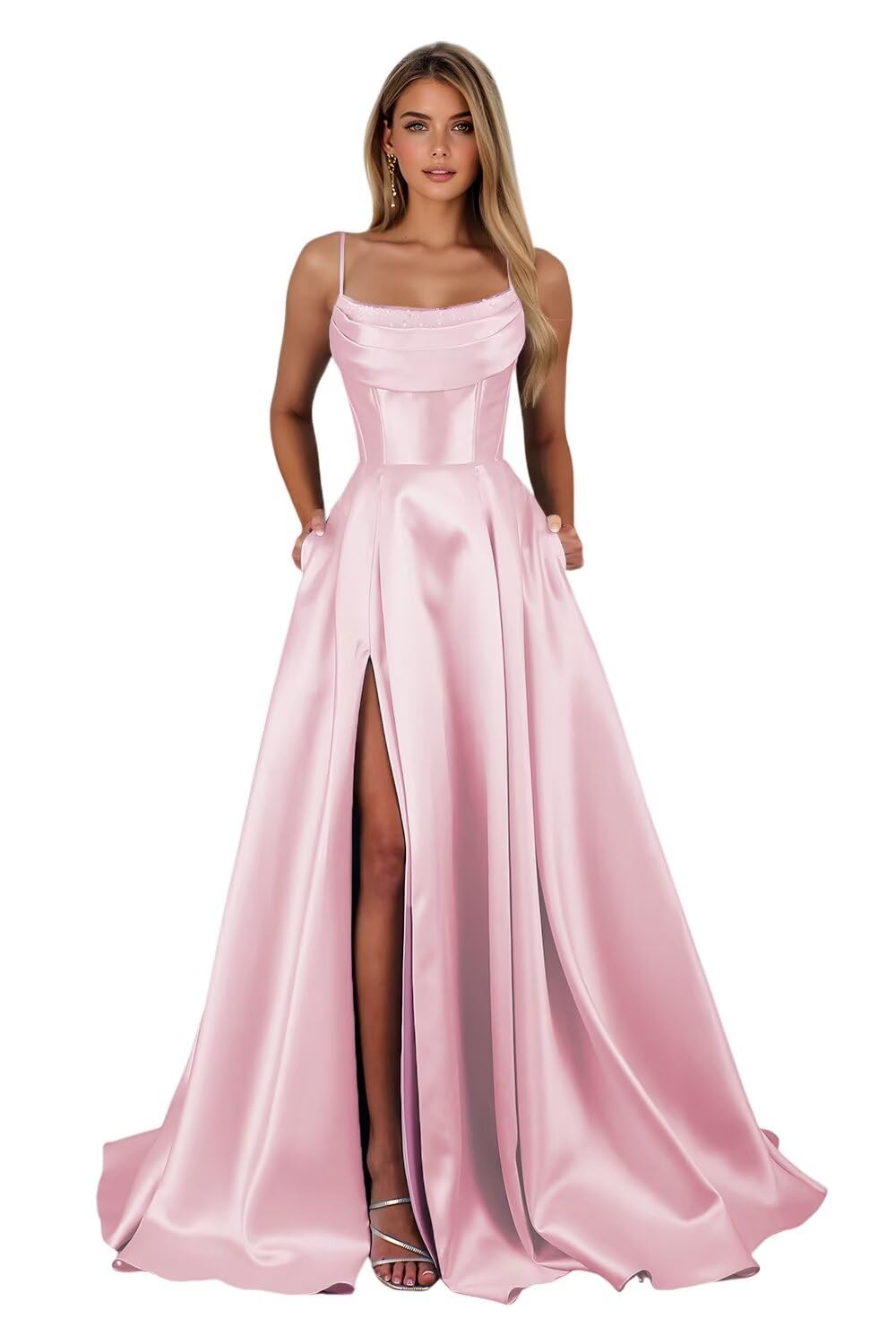 Spaghetti Straps Ruched Satin Prom Dresses Sleeveless Maxi Formal Evening Gown with Slit