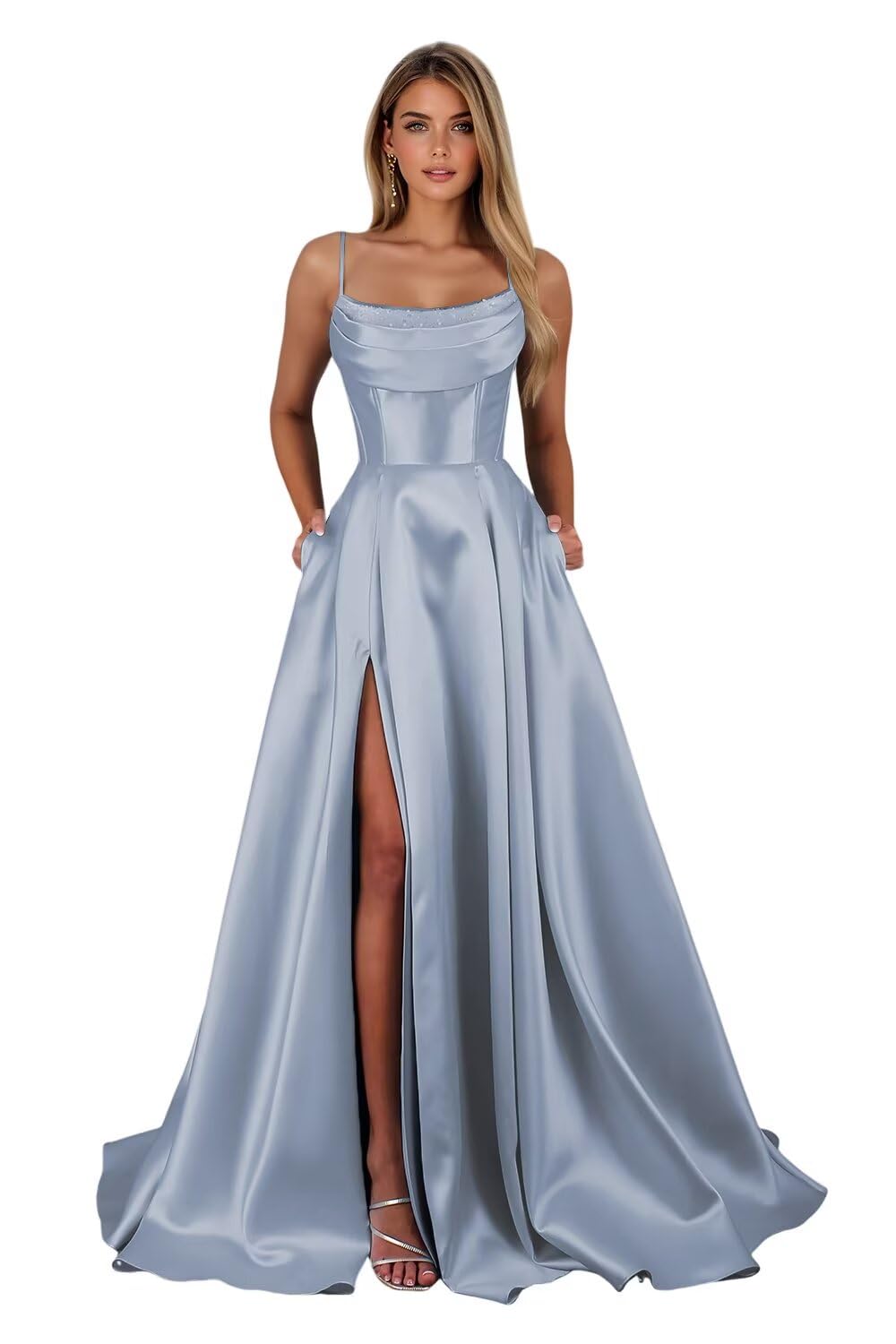 Spaghetti Straps Ruched Satin Prom Dresses Sleeveless Maxi Formal Evening Gown with Slit