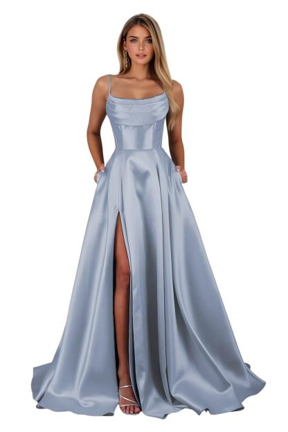 Spaghetti Straps Ruched Satin Prom Dresses Sleeveless Maxi Formal Evening Gown with Slit
