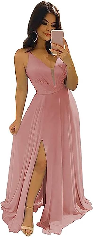 Modest Aline Bridesmaid Dresses V-Neck Slit Chiffon Wedding Guest Dress Sleeveless