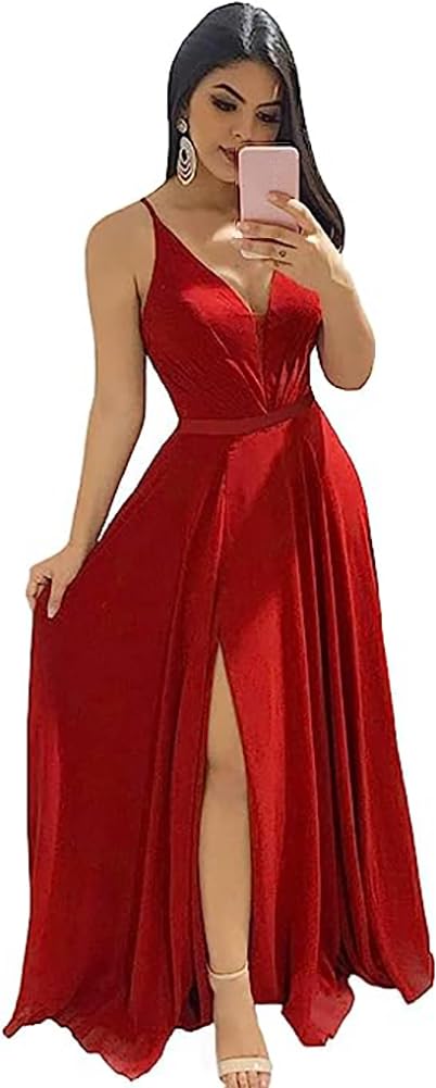 Modest Aline Bridesmaid Dresses V-Neck Slit Chiffon Wedding Guest Dress Sleeveless