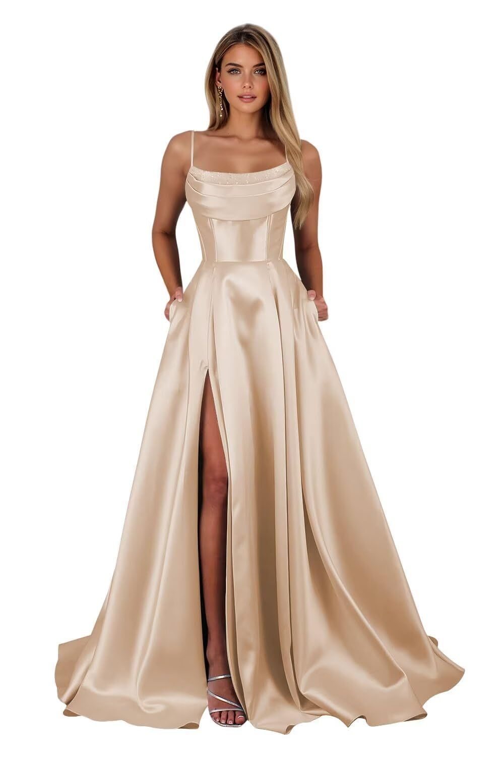 Spaghetti Straps Ruched Satin Prom Dresses Sleeveless Maxi Formal Evening Gown with Slit