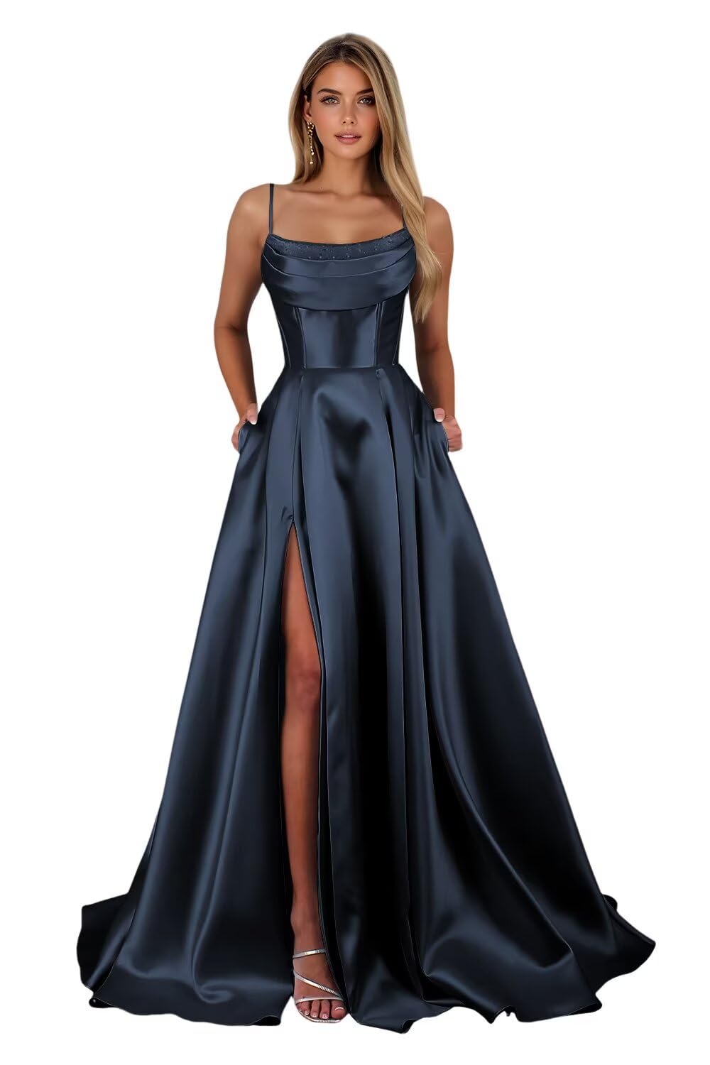 Spaghetti Straps Ruched Satin Prom Dresses Sleeveless Maxi Formal Evening Gown with Slit