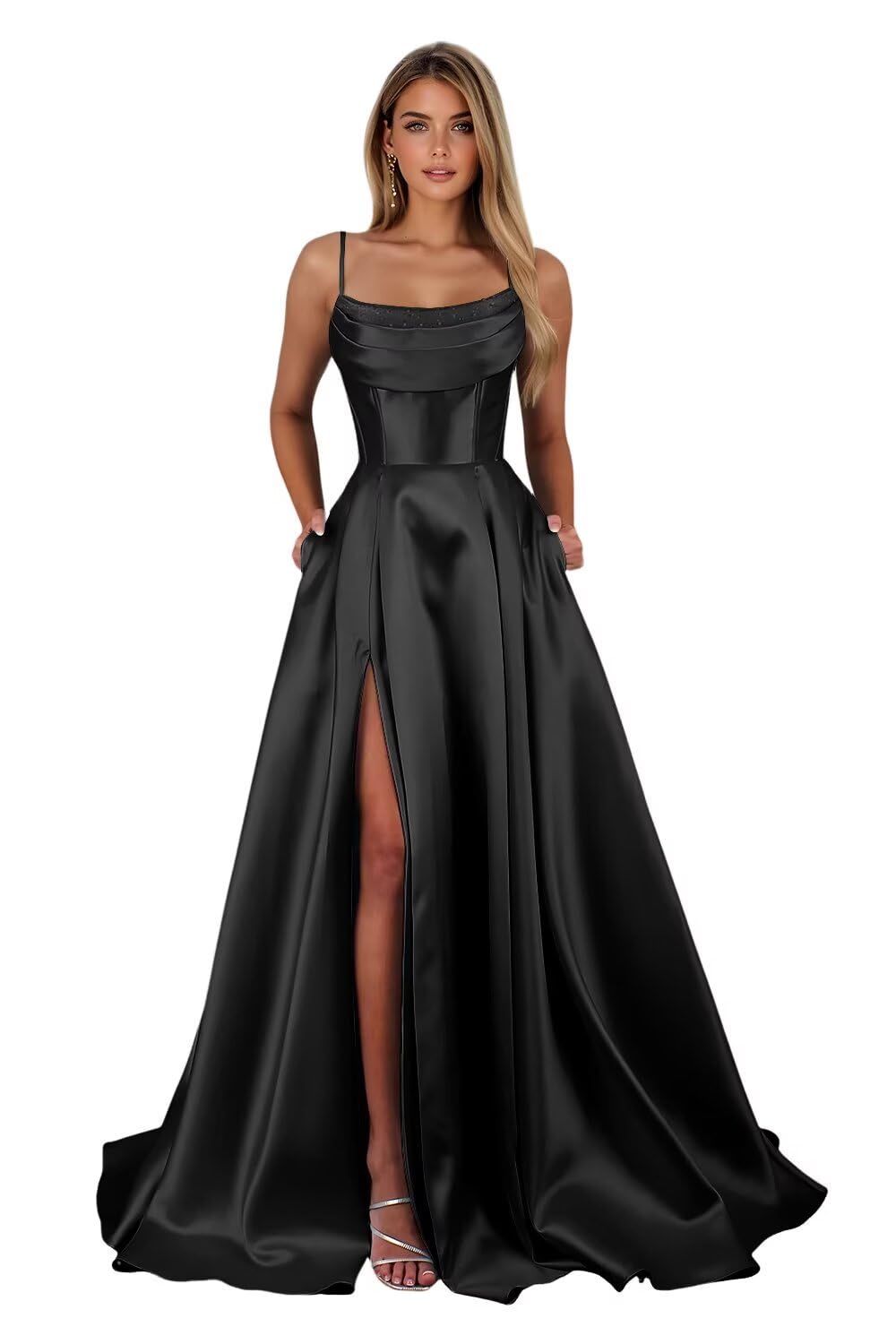 Spaghetti Straps Ruched Satin Prom Dresses Sleeveless Maxi Formal Evening Gown with Slit