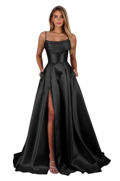 Spaghetti Straps Ruched Satin Prom Dresses Sleeveless Maxi Formal Evening Gown with Slit