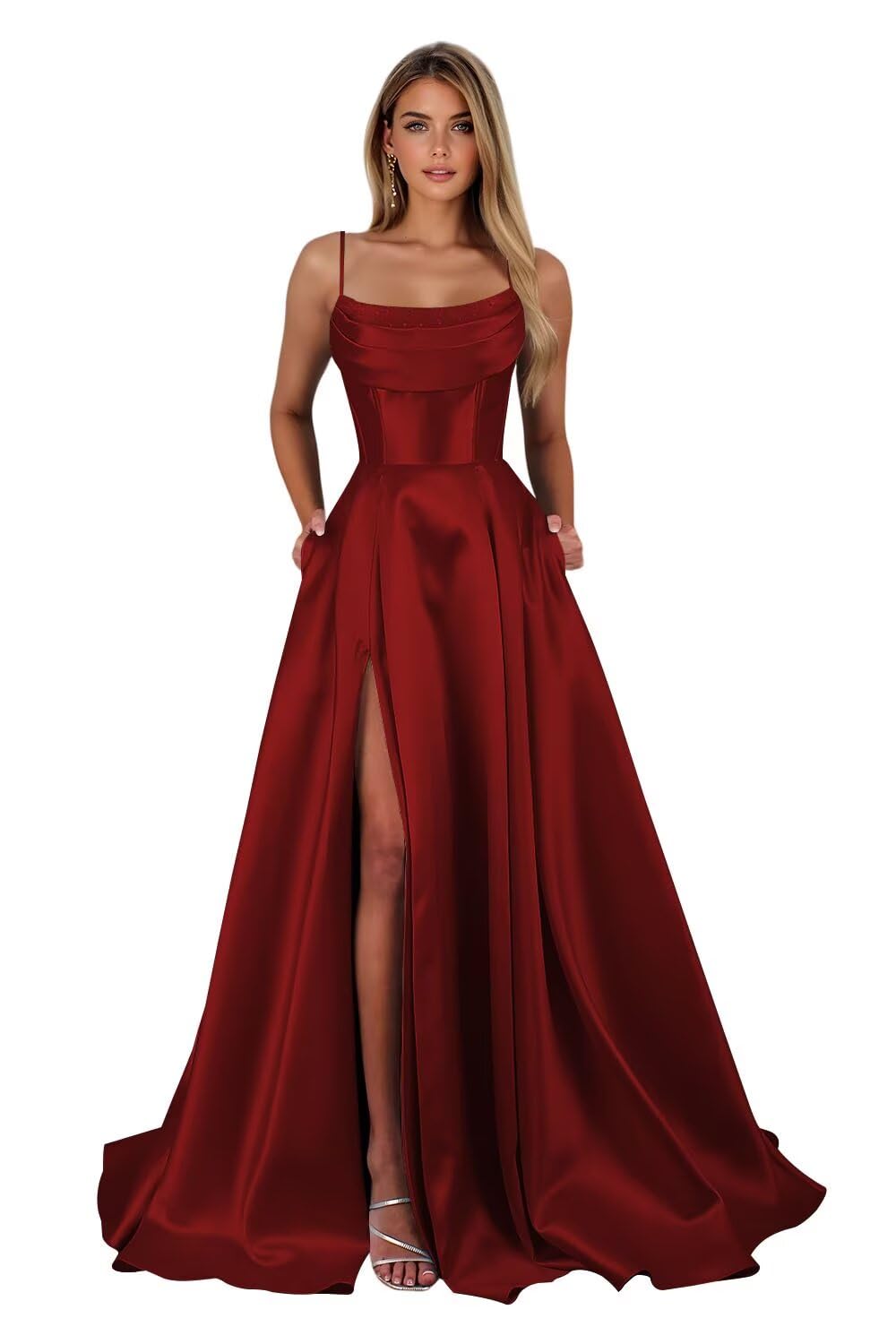 Spaghetti Straps Ruched Satin Prom Dresses Sleeveless Maxi Formal Evening Gown with Slit