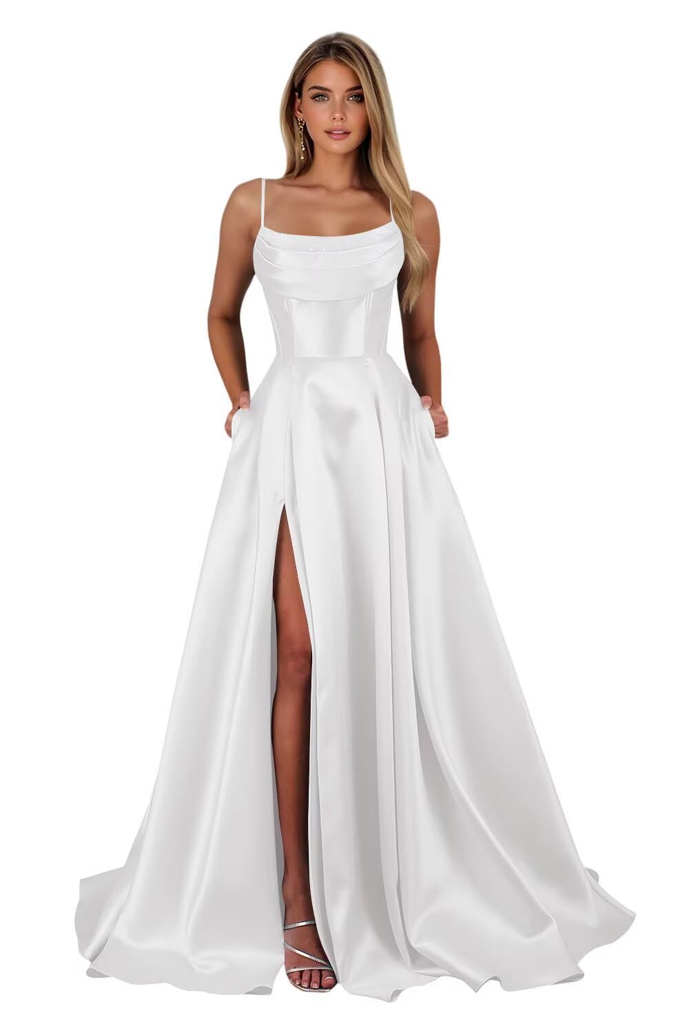 Spaghetti Straps Ruched Satin Prom Dresses Sleeveless Maxi Formal Evening Gown with Slit