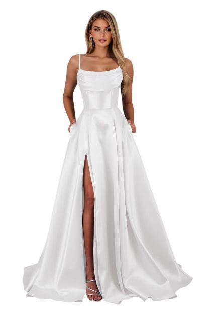 Spaghetti Straps Ruched Satin Prom Dresses Sleeveless Maxi Formal Evening Gown with Slit