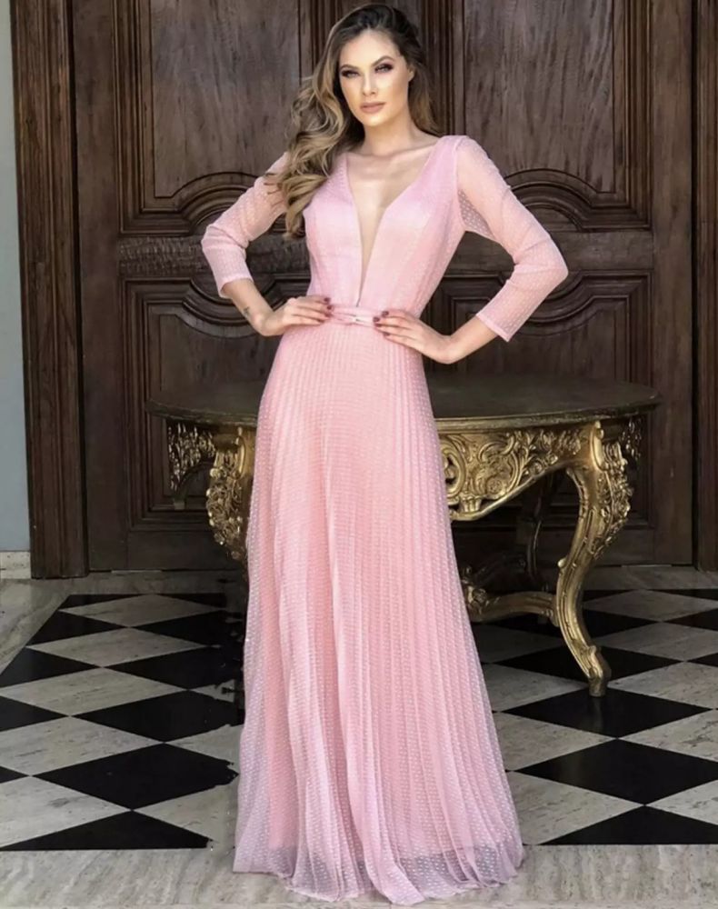 Simple Pink long sleeves vneck column Prom dress