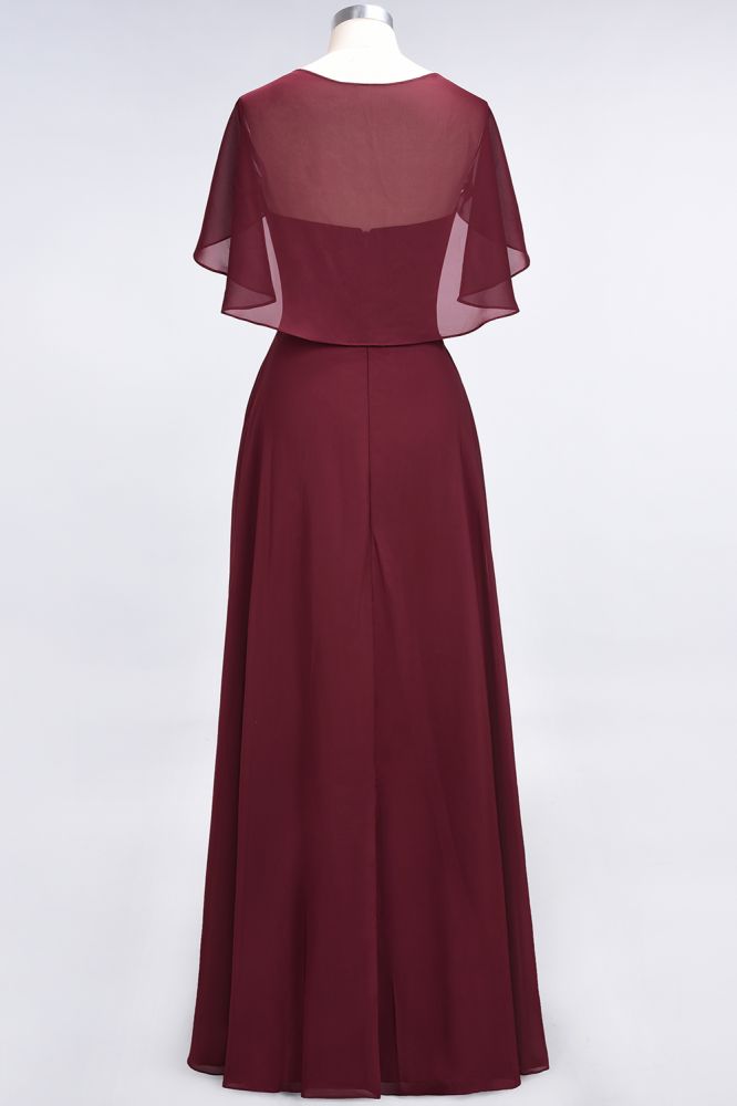 Chiffon Satin A-Line V-Neck short-sleeves Long Bridesmaid Dress