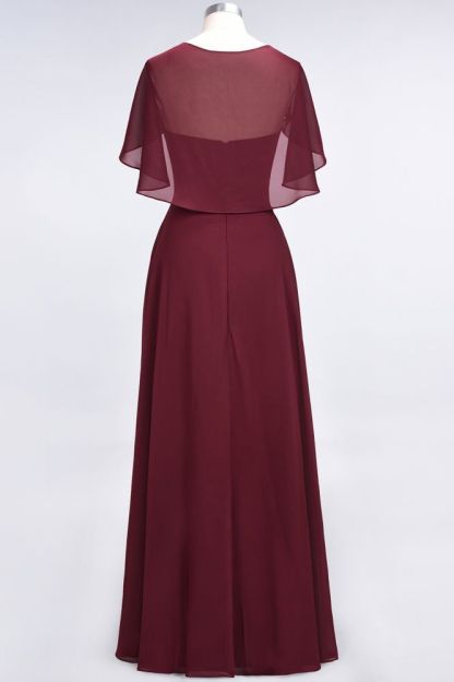 Chiffon Satin A-Line V-Neck short-sleeves Long Bridesmaid Dress