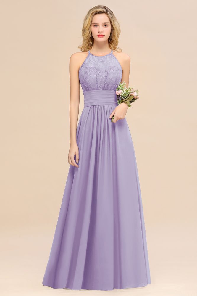Purple Elegant Halter Hollow Lace Aline Maid of Honor Dress Floor Length Chiffon Bridesmaid Dress