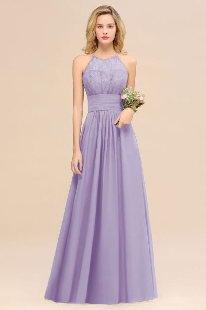 Purple Elegant Halter Hollow Lace Aline Maid of Honor Dress Floor Length Chiffon Bridesmaid Dress
