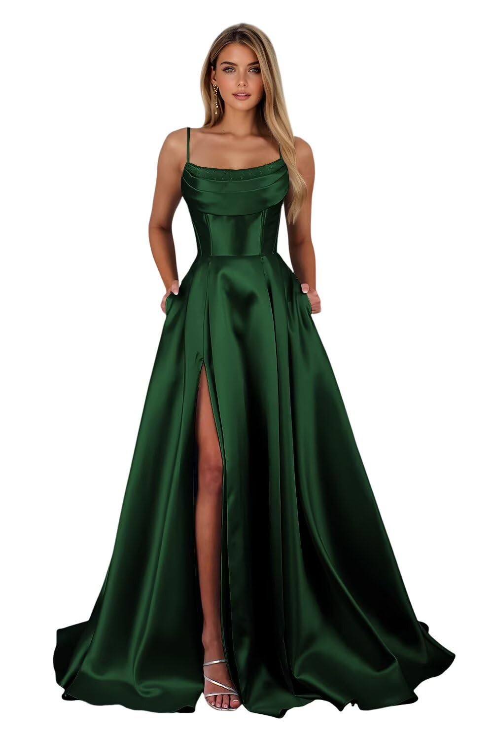Spaghetti Straps Ruched Satin Prom Dresses Sleeveless Maxi Formal Evening Gown with Slit