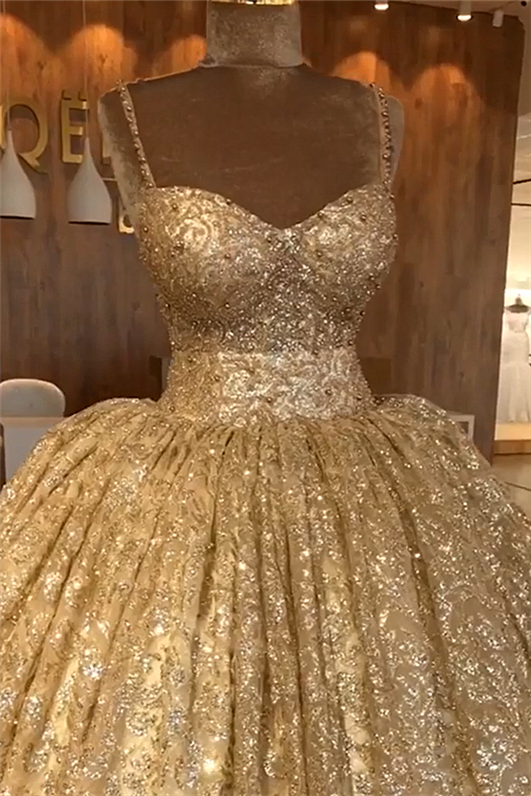 Spaghetti Straps Gold Beaded Lace Evening Dress | Luxury Ball Gown Princess Open Back Prom Dress