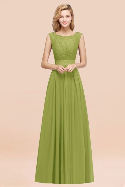 A-line Chiffon Lace Jewel Sleeveless Ruffles Floor-length Bridesmaid Dress