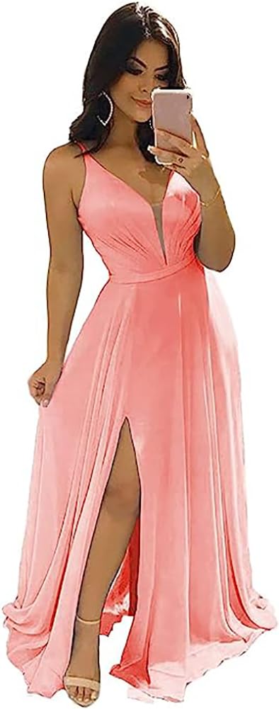 Modest Aline Bridesmaid Dresses V-Neck Slit Chiffon Wedding Guest Dress Sleeveless
