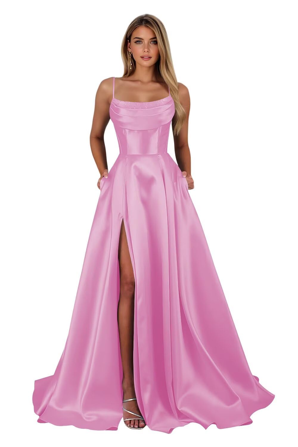 Spaghetti Straps Ruched Satin Prom Dresses Sleeveless Maxi Formal Evening Gown with Slit