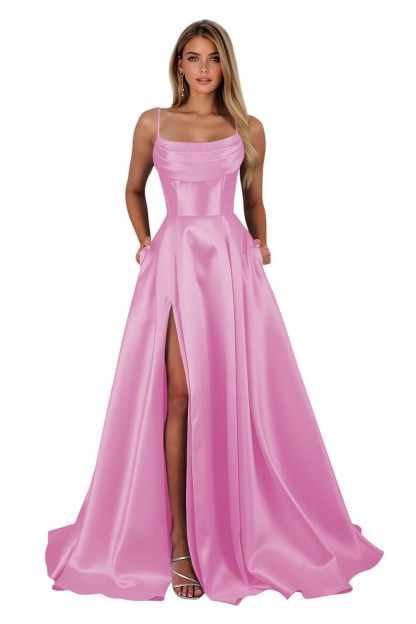 Spaghetti Straps Ruched Satin Prom Dresses Sleeveless Maxi Formal Evening Gown with Slit