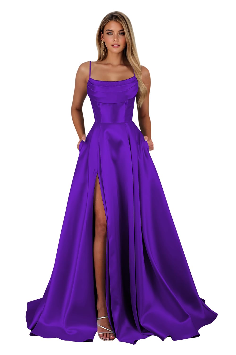 Spaghetti Straps Ruched Satin Prom Dresses Sleeveless Maxi Formal Evening Gown with Slit