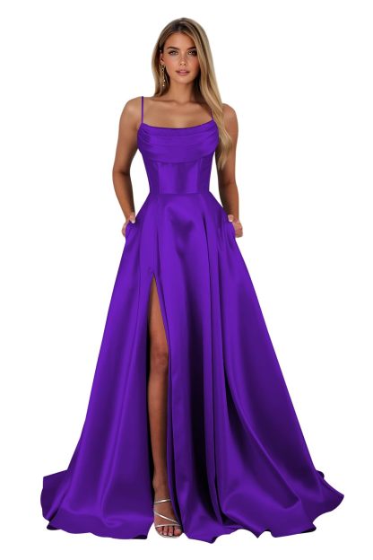 Spaghetti Straps Ruched Satin Prom Dresses Sleeveless Maxi Formal Evening Gown with Slit