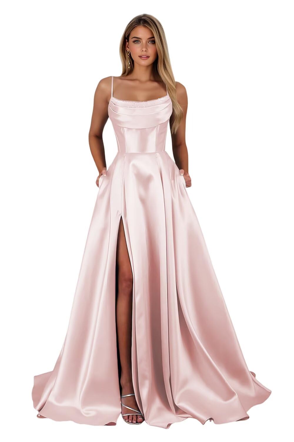 Spaghetti Straps Ruched Satin Prom Dresses Sleeveless Maxi Formal Evening Gown with Slit
