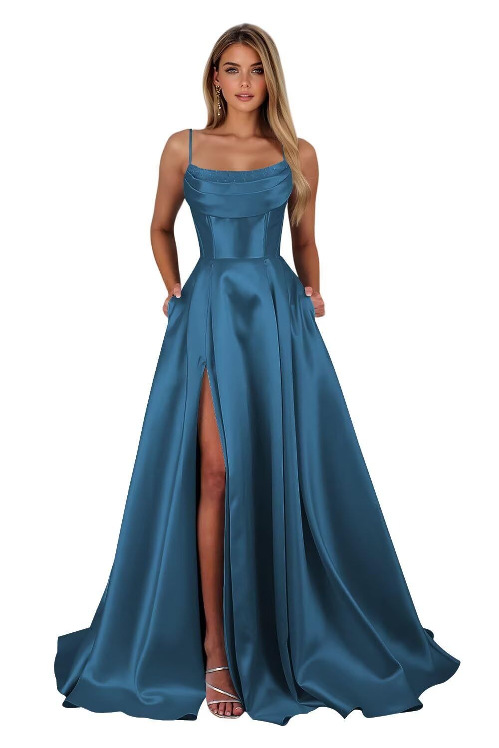 Spaghetti Straps Ruched Satin Prom Dresses Sleeveless Maxi Formal Evening Gown with Slit