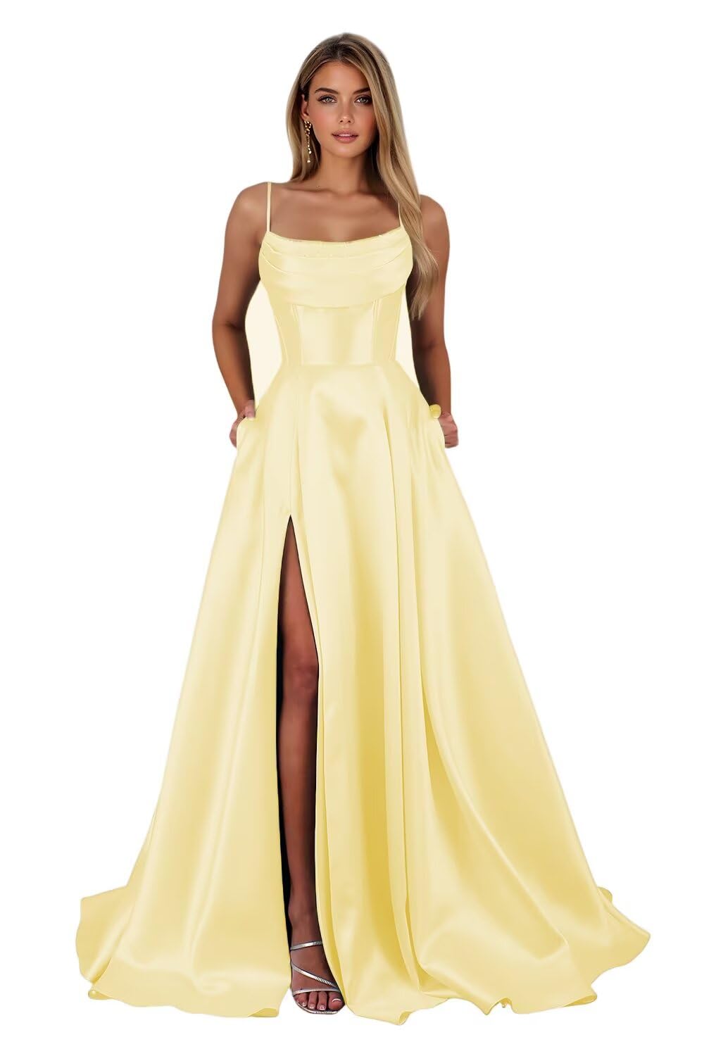 Spaghetti Straps Ruched Satin Prom Dresses Sleeveless Maxi Formal Evening Gown with Slit