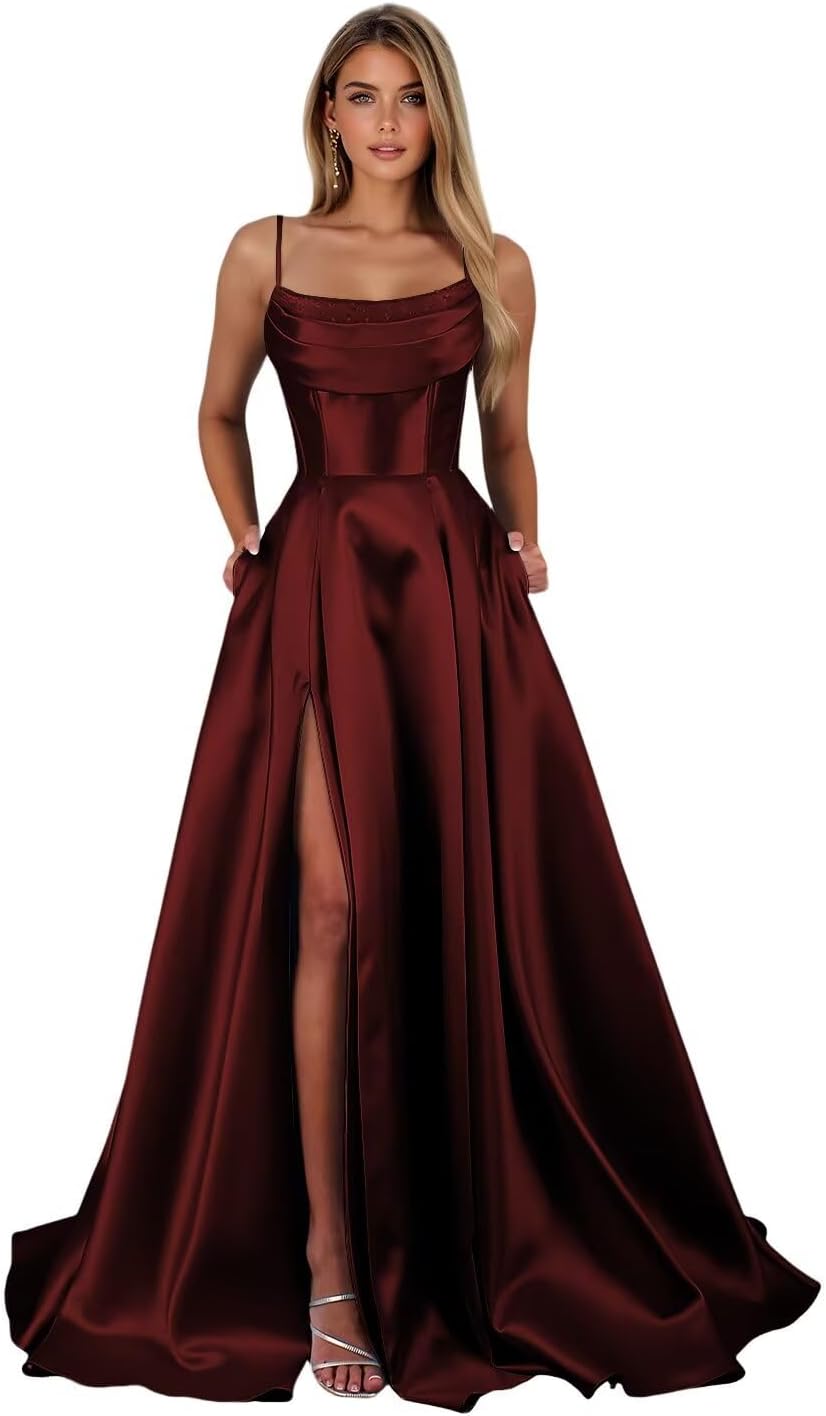 Spaghetti Straps Ruched Satin Prom Dresses Sleeveless Maxi Formal Evening Gown with Slit