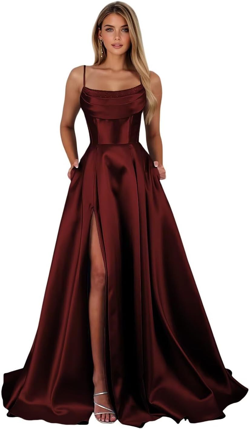Spaghetti Straps Ruched Satin Prom Dresses Sleeveless Maxi Formal Evening Gown with Slit