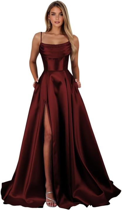 Spaghetti Straps Ruched Satin Prom Dresses Sleeveless Maxi Formal Evening Gown with Slit