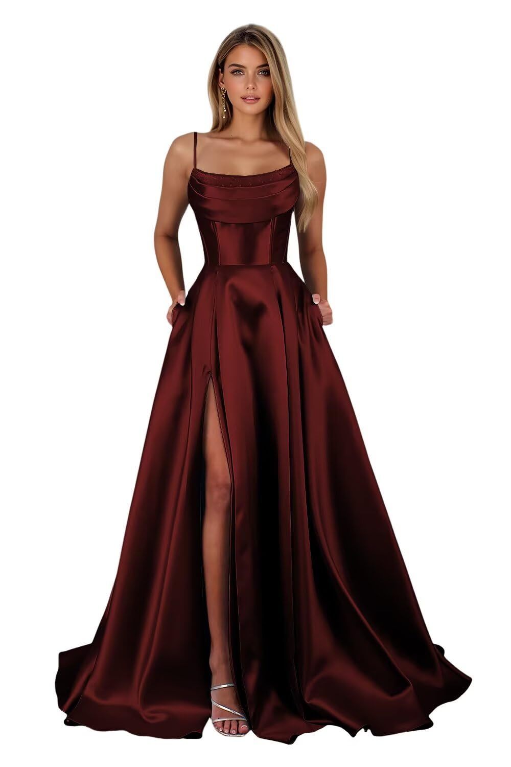 Spaghetti Straps Ruched Satin Prom Dresses Sleeveless Maxi Formal Evening Gown with Slit