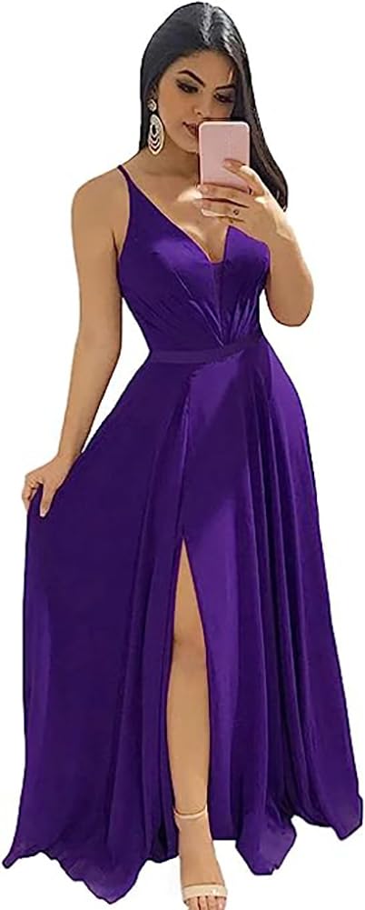 Modest Aline Bridesmaid Dresses V-Neck Slit Chiffon Wedding Guest Dress Sleeveless
