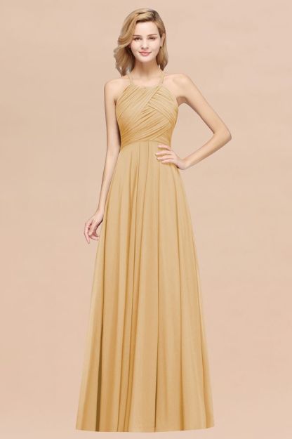 A-Line Chiffon Halter Ruffles Floor-Length Bridesmaid Dress
