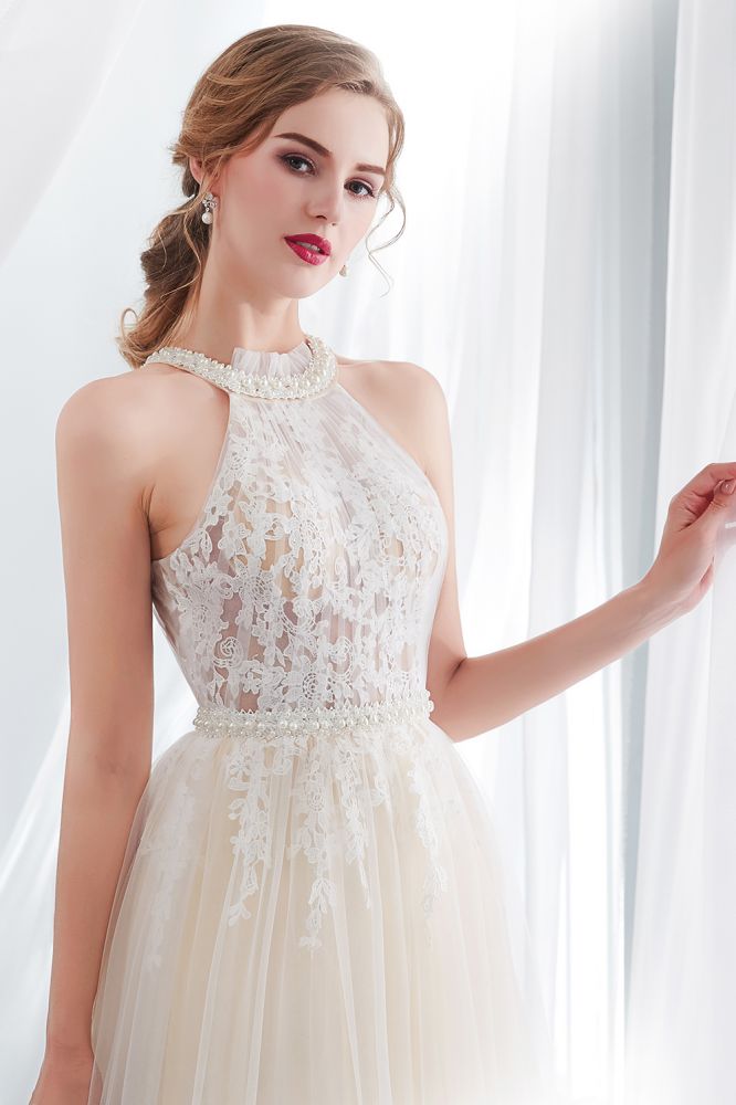 NATALIA | A-line Halter Floor Length Appliqued Tulle Evening Dresses