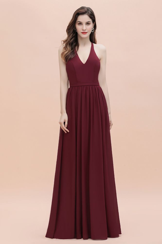 Burgundy Sleeveless V-neck Beaded Back Chiffon Bridesmaid Dress